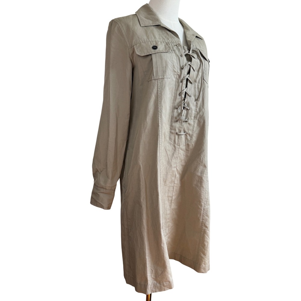 Weekend Max Mara Shirt Dress Womens 10 Khaki Tan Cotton Linen‎ Lace Up Safari